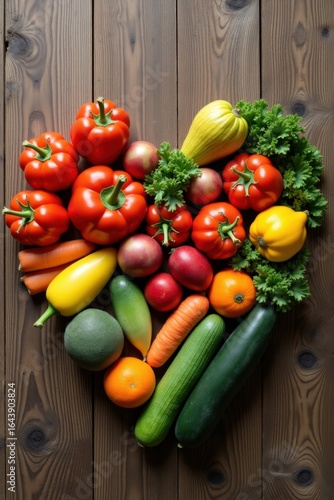 Heart Shaped Arrangement of Fresh Healthy Vegetables and Fruits on Wooden Table