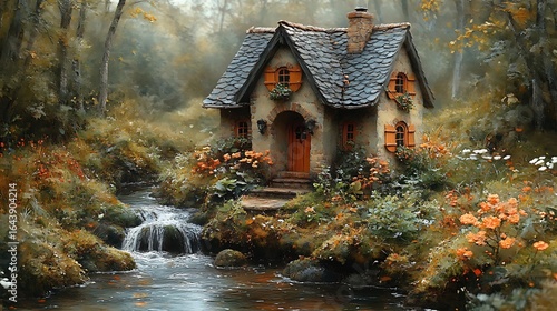 Forest cottage by a stream