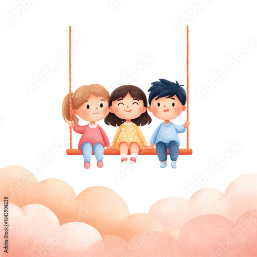 Watercolor Friends Enjoying a Swing Ride Above Fluffy Peach Clouds