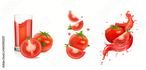 Red tomato juice splash. Tomato drink in a drinking glass. 3d realistic vector icon set