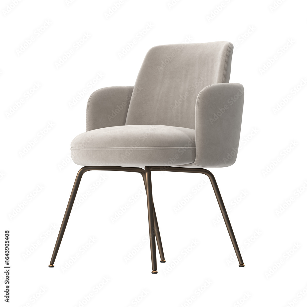 Fototapeta premium Modern Upholstered Dining Chair, Brass Metal Legs, Brown Leather, Angled View 3D Render
