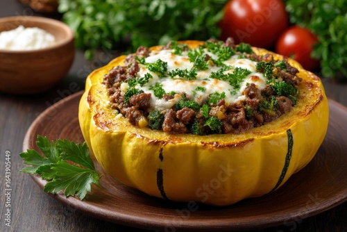 Wallpaper Mural Stuffed yellow squash with meat filling cheese and parsley garnish on a brown plate Torontodigital.ca