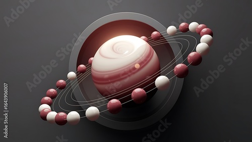Abstract 3D planet with glowing rings and orbiting colorful spheres