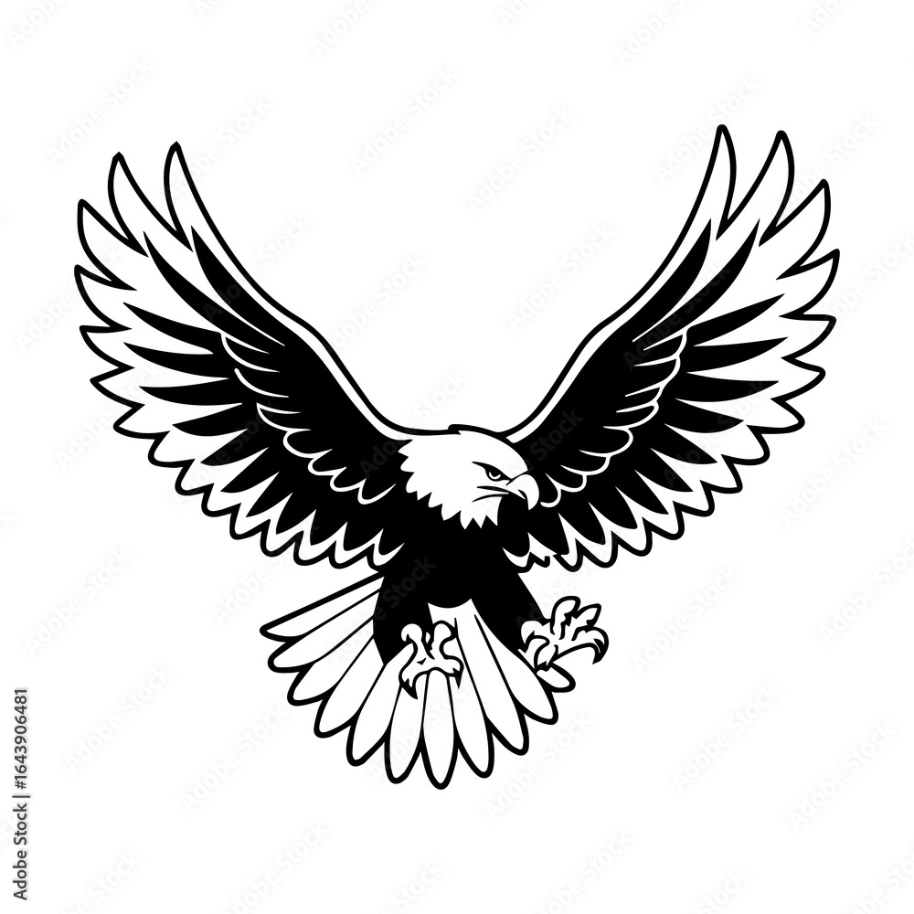 Obraz premium A bald eagle is flying with its wings spread wide, isolated on white background the eagle is a symbol of freedom and power, and it is a national emblem