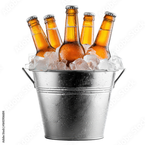 Metal bucket cooling fresh beer bottles with ice cubes on transparent background