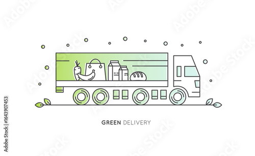 Eco-friendly first and last mile delivery icons with green electric trucks, factory, warehouse, CO2 neutral, location pins, supply chain, food logistics, minimal style, sustainable transport concept