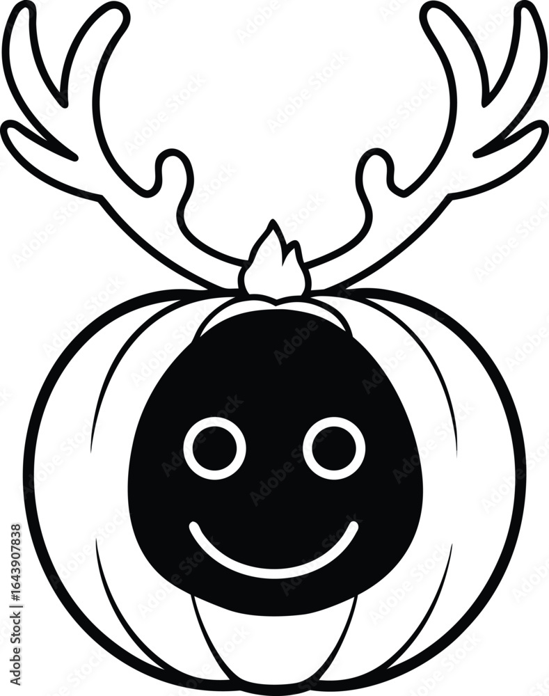 Obraz premium Pumpkin wearing reindeer antlers line art illustration