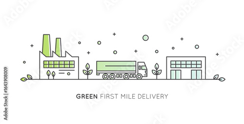 Eco-friendly first and last mile delivery icons with green electric trucks, factory, warehouse, CO2 neutral, location pins, supply chain, food logistics, minimal style, sustainable transport concept