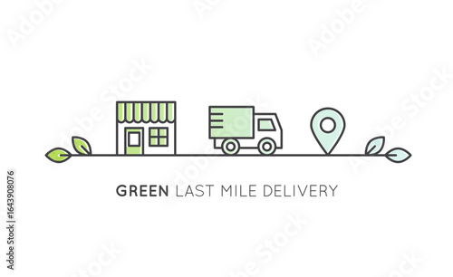 Eco-friendly first and last mile delivery icons with green electric trucks, factory, warehouse, CO2 neutral, location pins, supply chain, food logistics, minimal style, sustainable transport concept