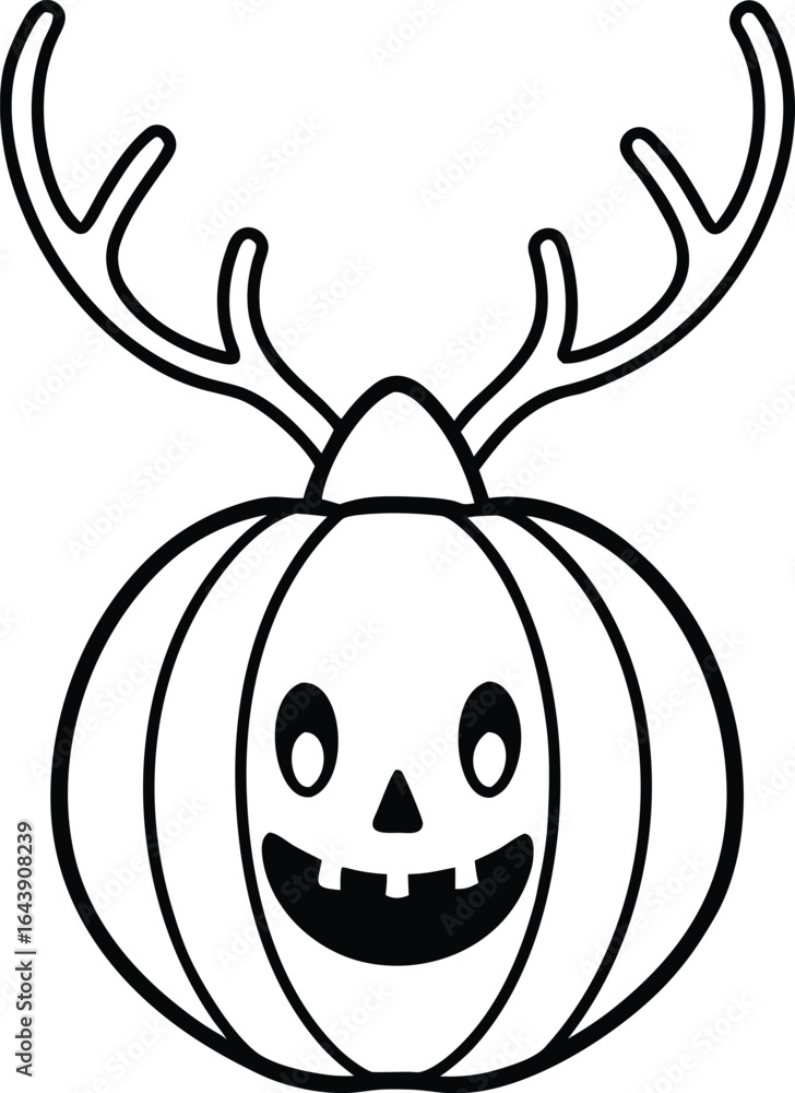 Fototapeta premium Pumpkin wearing reindeer antlers line art illustration