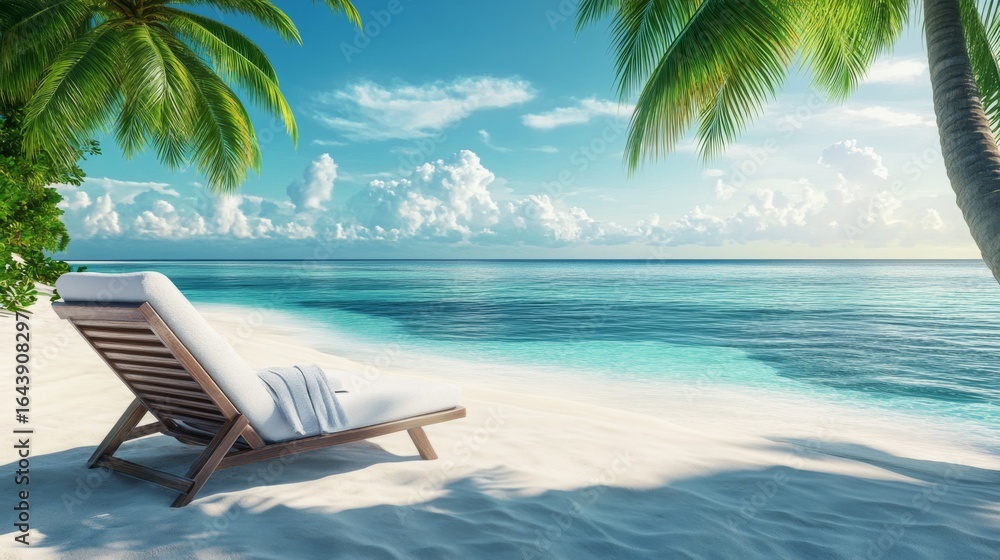 Obraz premium Relaxing beach scene with a lounge chair on a pristine shoreline under a clear blue sky