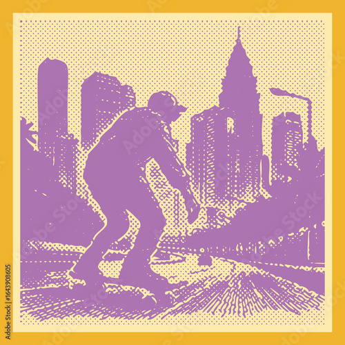 Urban skateboarder in halftone style. A man skates on a quiet street with a city skyline backdrop, a vibrant digital art illustration.