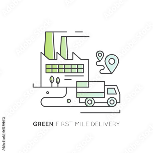 Eco-friendly first and last mile delivery icons with green electric trucks, factory, warehouse, CO2 neutral, location pins, supply chain, food logistics, minimal style, sustainable transport concept