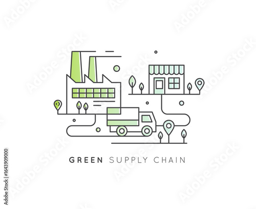 Eco-friendly first and last mile delivery icons with green electric trucks, factory, warehouse, CO2 neutral, location pins, supply chain, food logistics, minimal style, sustainable transport concept