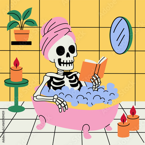 Cartoon skeleton in pink bathtub with bubbles wearing towel reading book surrounded by candles in tiled bathroom