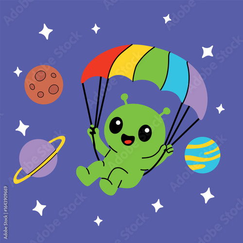 Cartoon Alien with Rainbow Parachute and Planets