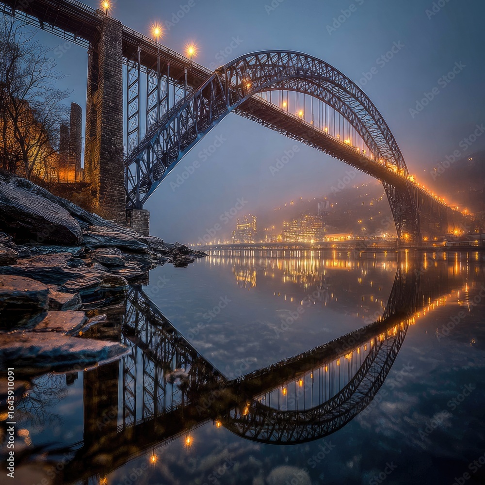 Fototapeta premium Misty morning view of a steel arch bridge, reflected in still water
