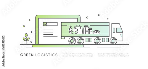 Eco-friendly first and last mile delivery icons with green electric trucks, factory, warehouse, CO2 neutral, location pins, supply chain, food logistics, minimal style, sustainable transport concept