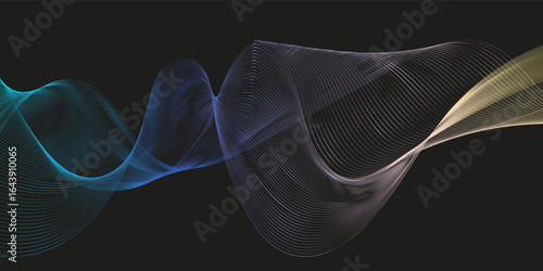 Vector abstract light lines wavy flowing dynamic in blue purple orange colors isolated on black background for concept of energy, electric, technology, digital, 5G, science, music