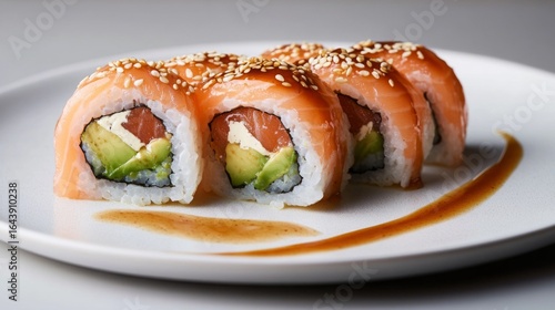 Fresh sushi rolls with salmon, avocado, and cream cheese elegantly arranged on a pristine white plate