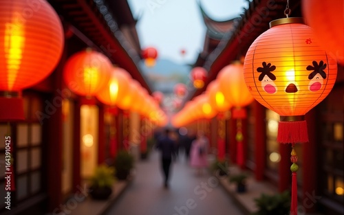 Wallpaper Mural Traditional lanterns casting a warm glow on a bustling festival street during the Mid-Autumn Festival. High quality Torontodigital.ca