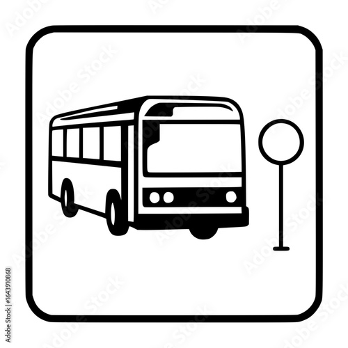 Black and white bus icon within rectangular bus stop frame
