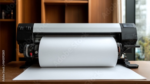 Printer Dispensing Paper Roll on Desk, Office Setting