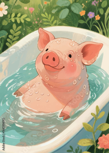 funny pig soaking in the bath Illustrator Artwork design template poster