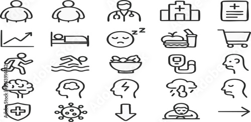 Collection of health and wellness icons depicting medical care and lifestyle choices in outline style