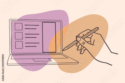 Hand writing on a laptop screen with an abstract background, Digital planning and data entry concept, Line art vector - Generative AI