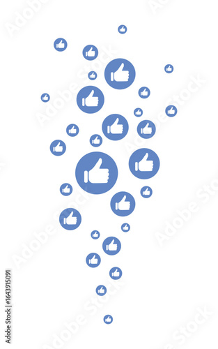 Blue thumbs up like icons arranged in a vertical stream on white background, social media approval positive feedback concept, flat design illustration, digital communication online networking symbol
