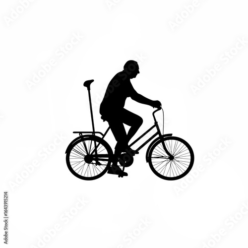Silhouette of an active elderly man riding a bicycle through a pedestrian area isolated on white background