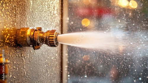 Close-up perspective of a flowing hydrant displaying pressurized water with a blurred backdrop