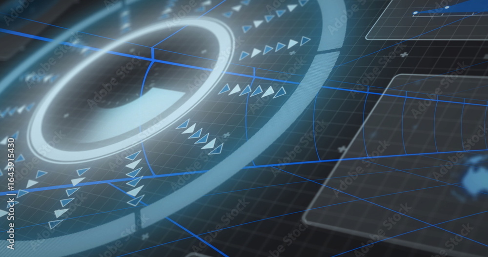 Obraz premium Displaying HUD projecting glowing ring segment on HUD system, with triangular pointers, grid, panel