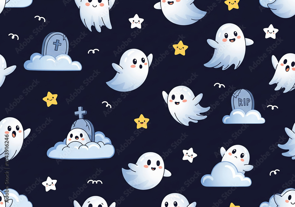 Fototapeta premium A cute and whimsical seamless pattern illustration for a children's Halloween. The repeating design on a dark night sky background features friendly cartoon ghosts flying and playing with smiling star