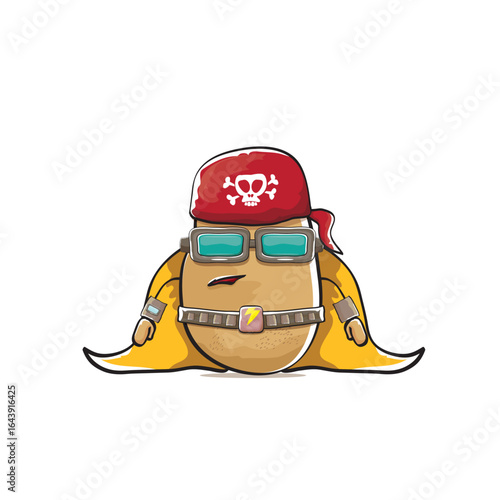 vector funny cartoon cute brown super hero potato with mask, orange hero cape and gun isolated on white background. My name is potato vector concept. Super hero funky vegetable food character