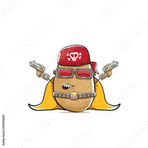 vector funny cartoon cute brown super hero potato with mask, orange hero cape and gun isolated on white background. My name is potato vector concept. Super hero funky vegetable food character