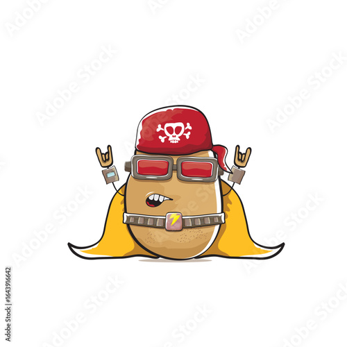 vector funny cartoon cute brown super hero potato with mask, orange hero cape and gun isolated on white background. My name is potato vector concept. Super hero funky vegetable food character