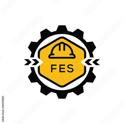 FES Letter Logo. FES Construction and Engineering Logo with Gear, Shield, and Safety Helmet Icon. FES Industrial and Mechanical Company Branding Design. 

