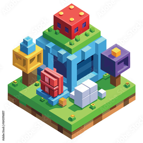 Isometric cartoon vector set of a city with buildings, trees, and roads