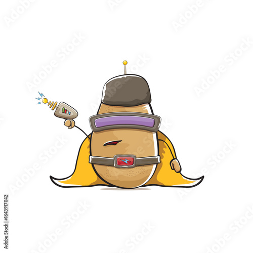 vector funny cartoon cute brown super hero potato with mask, orange hero cape and gun isolated on white background. My name is potato vector concept. Super hero funky vegetable food character
