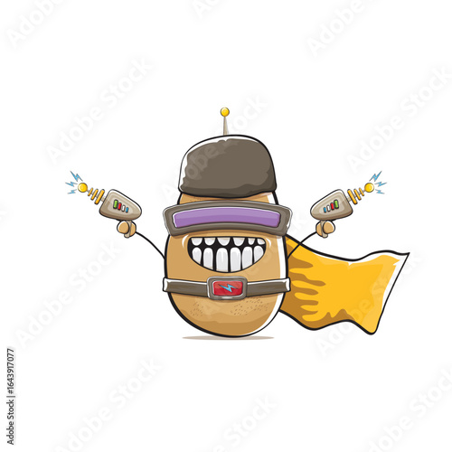 vector funny cartoon cute brown super hero potato with mask, orange hero cape and gun isolated on white background. My name is potato vector concept. Super hero funky vegetable food character