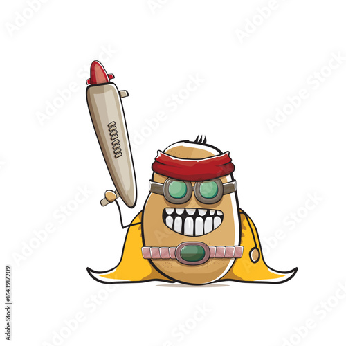 vector funny cartoon cute brown super hero potato with mask, orange hero cape and gun isolated on white background. My name is potato vector concept. Super hero funky vegetable food character