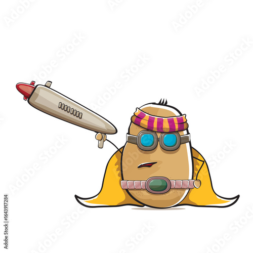 vector funny cartoon cute brown super hero potato with mask, orange hero cape and gun isolated on white background. My name is potato vector concept. Super hero funky vegetable food character