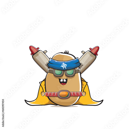 vector funny cartoon cute brown super hero potato with mask, orange hero cape and gun isolated on white background. My name is potato vector concept. Super hero funky vegetable food character