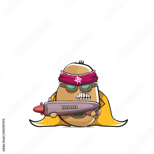 vector funny cartoon cute brown super hero potato with mask, orange hero cape and gun isolated on white background. My name is potato vector concept. Super hero funky vegetable food character