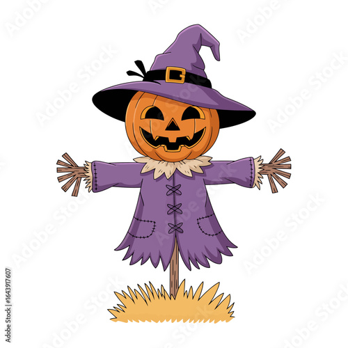 Friendly jack o lantern scarecrow wearing a purple witch hat