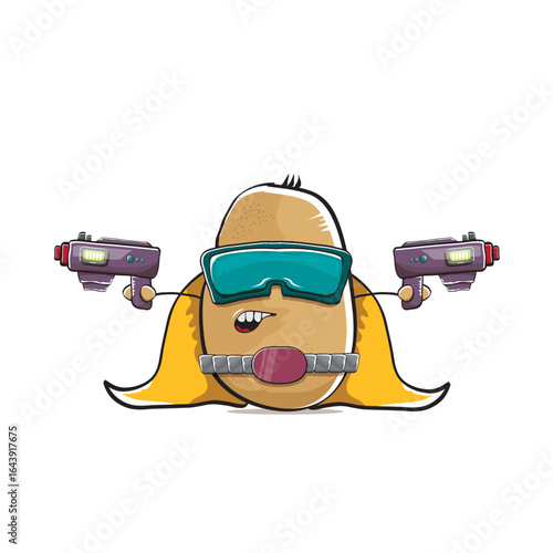 vector funny cartoon cute brown super hero potato with mask, orange hero cape and gun isolated on white background. My name is potato vector concept. Super hero funky vegetable food character
