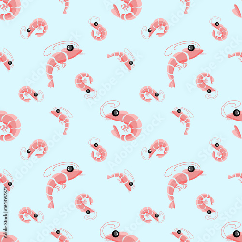Vector shrimp seamless pattern. shrimps on blue background. Sea food repeating design for fabric or wrapping paper, wallpaper