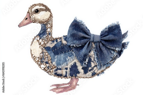 Denim patchwork duck with oversized ribbon bow and bead embroidery, cute textile applique illustration on clean white background
